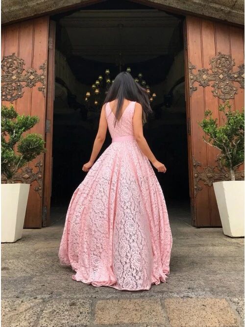 Elegant Pink V-Neck Side Slit Long Prom Dress Ideas, Evening Party Dresses, OLP1571