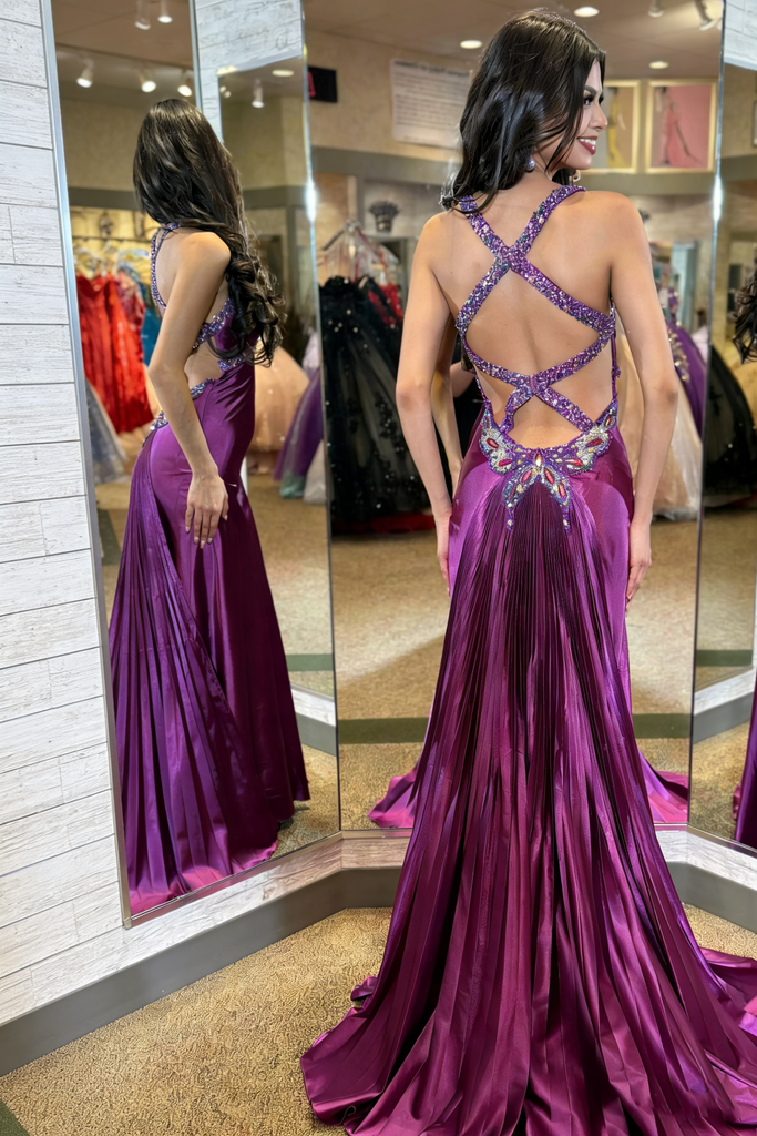 Unique Purple Spaghetti Strap Mermaid Side Slit Long Prom Dress Ideas, Evening Party Dresses, OLP1664