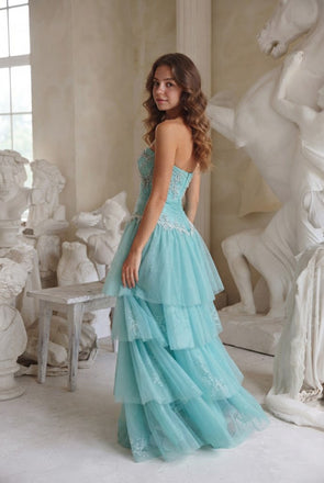 Unique Light Blue Tiered Tulle Party Dress Strapless A-Line Long Prom Dress,OLP2355