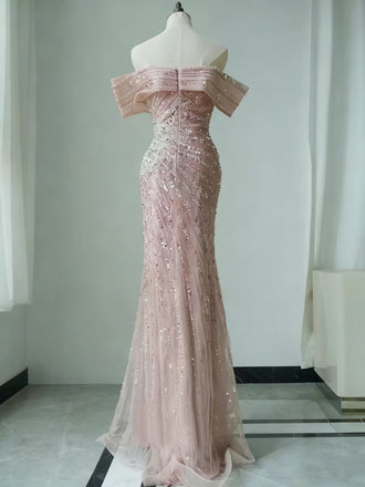 Sparkly Pink Off-Shoulder Mermaid Side Slit Long Prom Dress Ideas, Evening Party Dresses, OLP1397