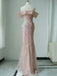 Sparkly Pink Off-Shoulder Mermaid Side Slit Long Prom Dress Ideas, Evening Party Dresses, OLP1397