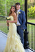 Elegant Strapless Yellow Lace Mermaid Formal Gown with Cascading Ruffle Skirt,OLP1883