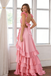 Sexy Pink Satin Prom Dress V Neck Cutout Waist Tiered Ruffle High Slit Gown,OLP2112