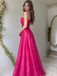 Classy Hot Pink Spaghetti Strap Beaded Prom Dress Sleek Long Satin Dress,OLP2445