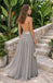 Glamorous Silver Plunging Halter Chiffon Maxi Prom Dress With Classy Sequin Midriff Cutout,OLP2379