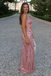 Sparkling Rose Gold Sequin Evening Gown Cutout Waist Sleeveless Party Dress,OLP2046