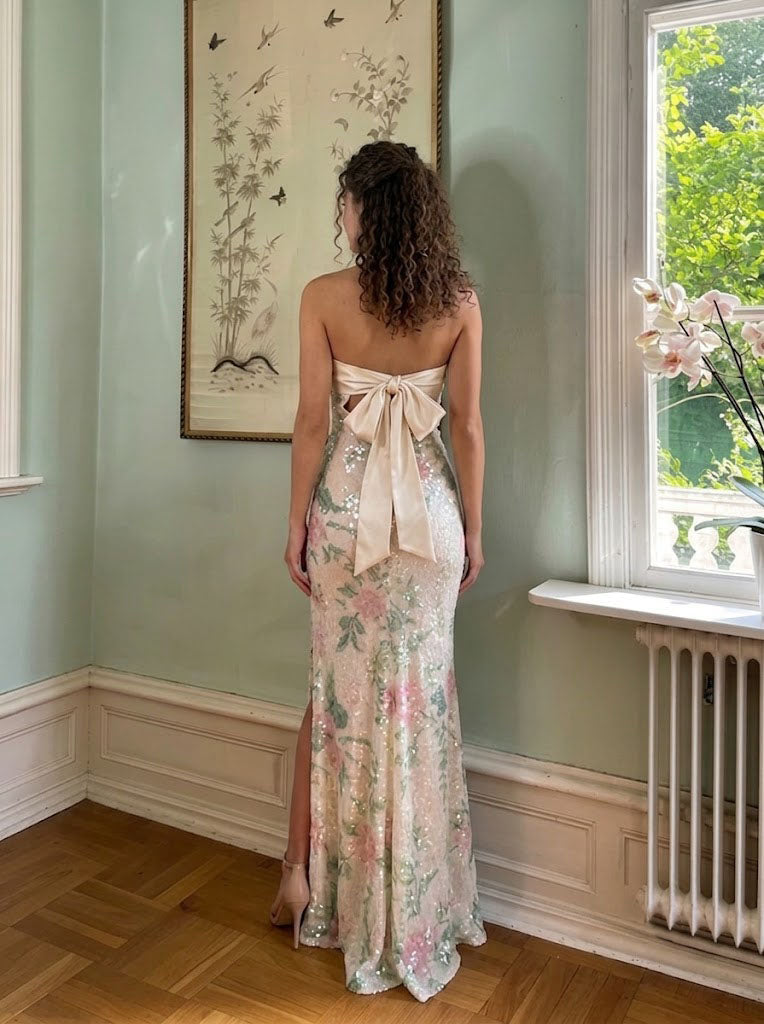 Beautiful Floral Sequin Mermaid Prom Dress High Slit Strapless Neckline Gala,OLP2301
