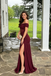 Burgundy Off Shoulder Prom Dress Ruched Chiffon Thigh Slit Sexy Party Gown,OLP2258