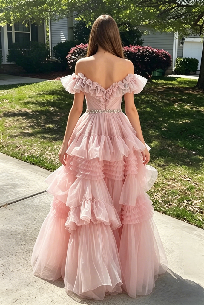 Unique Pink Tiered Tulle Prom Dress V Neck Ruffle Sleeve Beaded Ball Gown,OLP2200