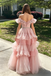 Unique Pink Tiered Tulle Prom Dress V Neck Ruffle Sleeve Beaded Ball Gown,OLP2200