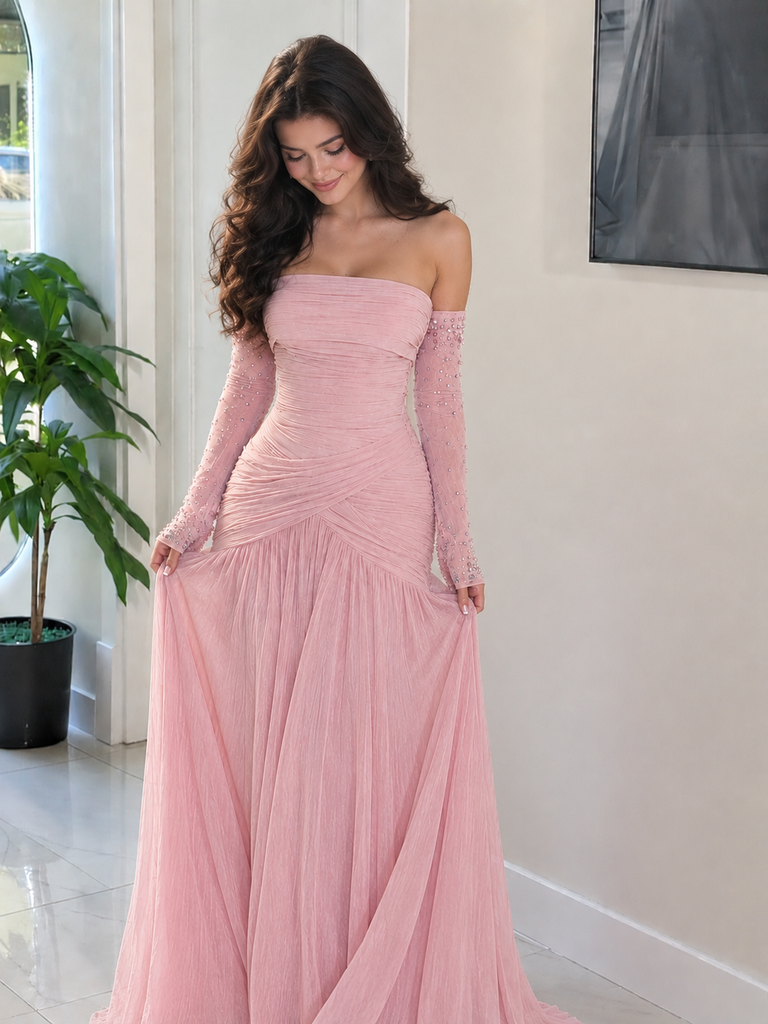 Dusty Rose Long-Sleeve Strapless Ruched Mesh Prom Dress,OLP247