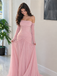 Dusty Rose Long-Sleeve Strapless Ruched Mesh Prom Dress,OLP247