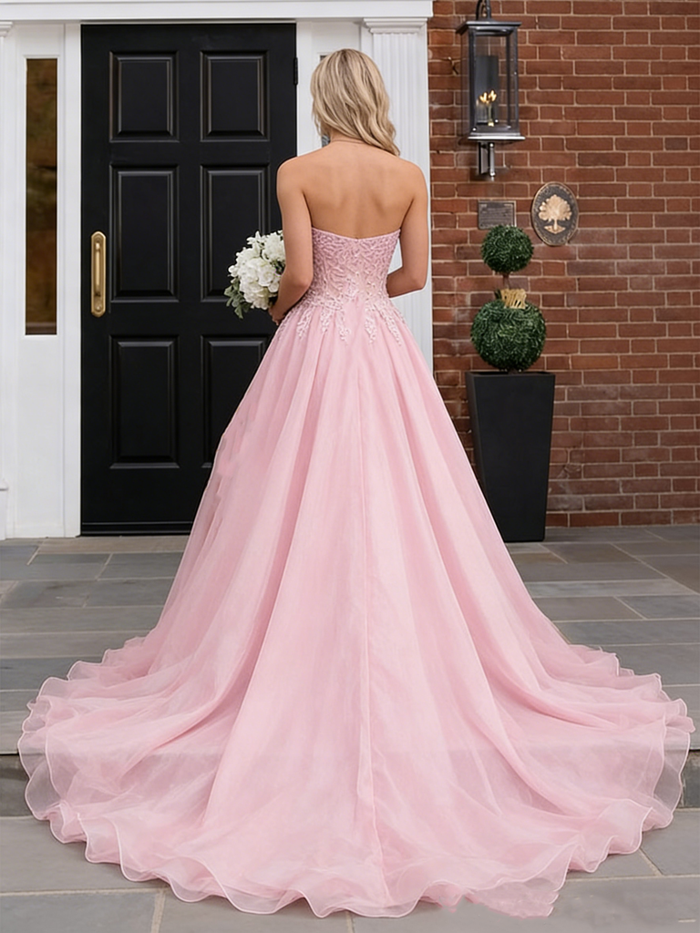 Sexy Strapless Pink Chiffon A-Line Prom Dress With High Slit,OLP1865