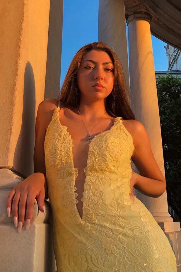 Unique Yellow Lace Applique Mermaid Prom Dress with Deep V-Neck Formal Gown,OLP1752