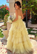 Yellow Square Neck Spaghetti Strap Tulle Ruffled Ball Gown Prom Dress,OLP2207