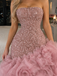 Stunning Pink Strapless Beaded Ruffled Organza Mermaid Prom Dress,OLP2414
