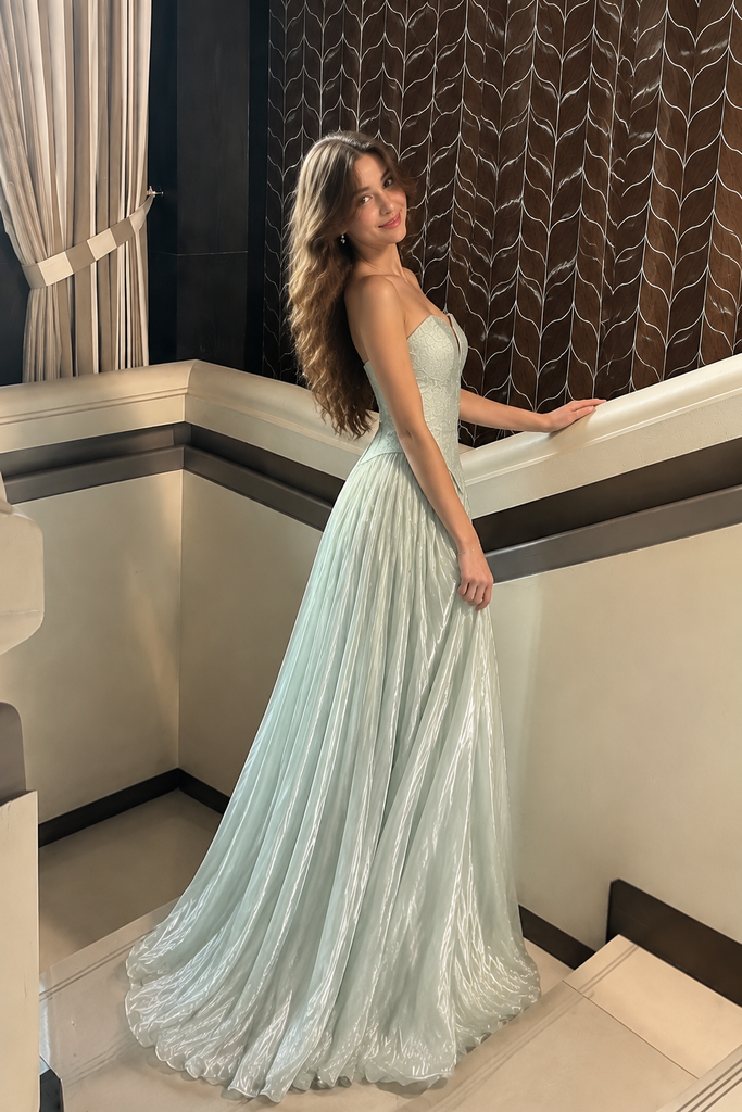 Unique Mint Green Strapless Lace Corset Shimmer Prom Dress,OLP2449