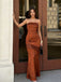 Sexy Rust Brown Satin Prom Dress Strapless Lace Inset Mermaid Evening Party Gown,OLP2152
