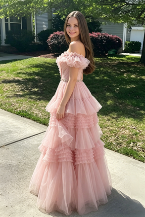 Unique Pink Tiered Tulle Prom Dress V Neck Ruffle Sleeve Beaded Ball Gown,OLP2200