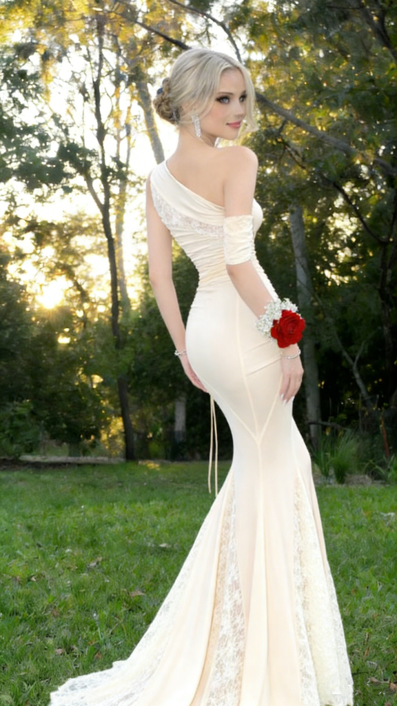 Unique Champagne One Shoulder Lace Mermaid Prom Dress Sexy Ruched Side Slit Long Evening Gown,OLP1748