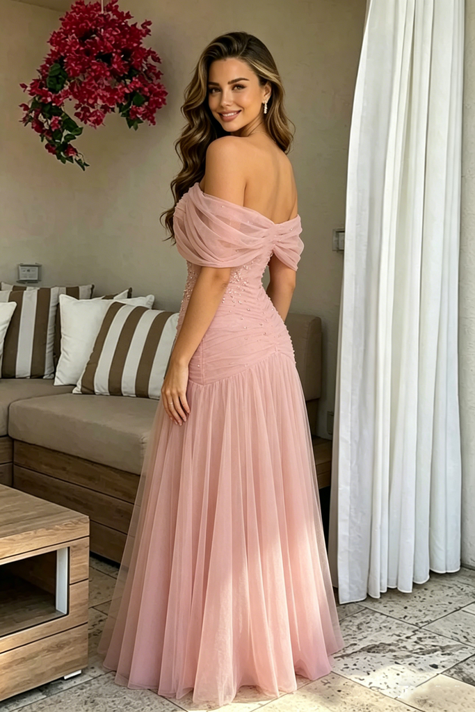 Unique Off-Shoulder Pink Ruched Prom Dress Tulle Sequin Evening Gown,OLP2221