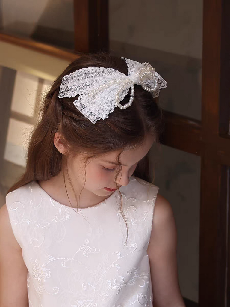 Elegant Lace & Pearl Bow Hair Clip for Flower Girls – Wedding & Party Hair Accessory