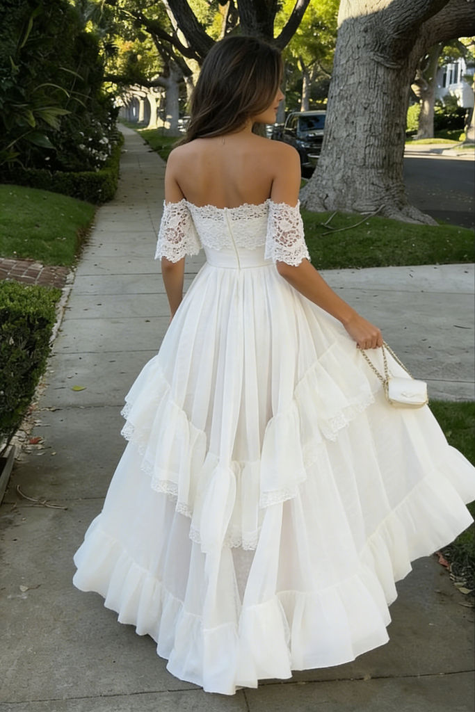 Unique White Lace Prom Gown Off-Shoulder Tiered A-Line Evening Dress,OLP1786