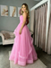 Elegant Pink Tulle Ball Gown Strapless Tiered Skirt Prom Party Dress Long,OLP1836