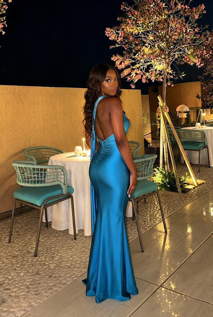 Sexy Blue Satin Backless One-Shoulder Mermaid Long Prom Dress,OLP2374