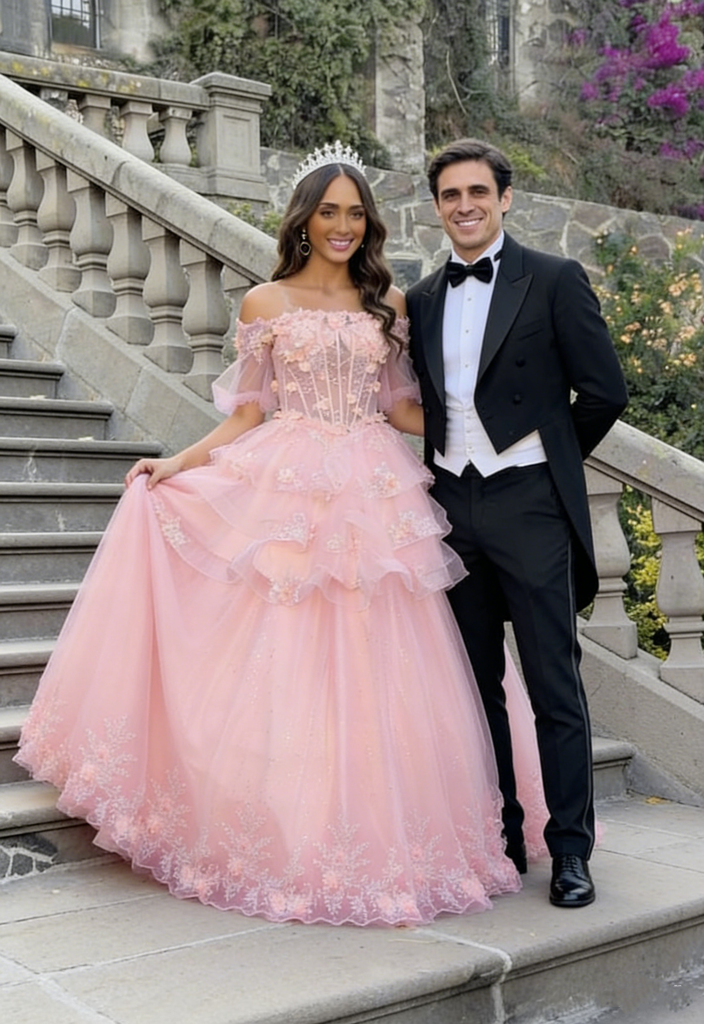 Fancy Off Shoulder Pink Ball Gown Prom Dress 3D Floral Applique Layered Skirt,OLP2146