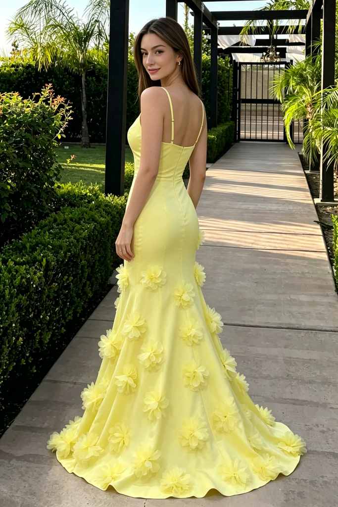 Elegant Yellow Floral Applique Prom Dress Spaghetti Strap Fitted Formal Gown,OLP2278