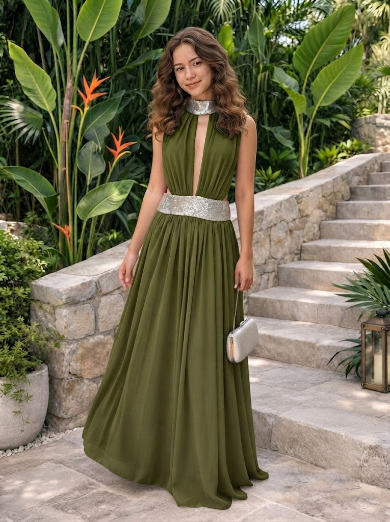 Glamorous Silver Plunging Halter Chiffon Maxi Prom Dress With Classy Sequin Midriff Cutout,OLP2379