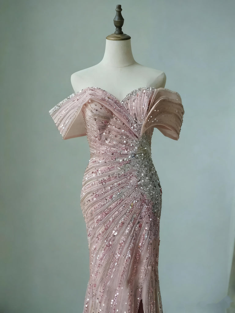 Sparkly Pink Off-Shoulder Mermaid Side Slit Long Prom Dress Ideas, Evening Party Dresses, OLP1397