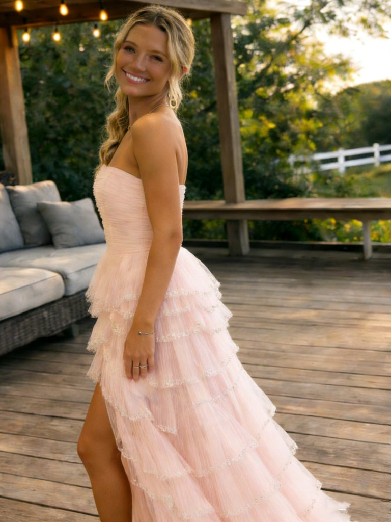 Unique Pink Tiered Tulle Pink Prom Gown Strapless High Slit Ruffle Evening Dress,OLP1858