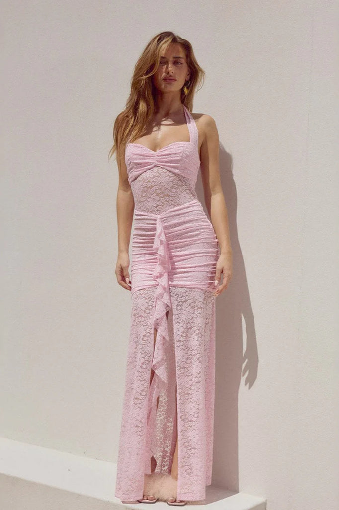 Classy Pink Lace Mermaid Prom Dress with Sexy High Slit and Halter Neck Sheer Bodice,OLP1759