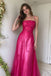 Classy Hot Pink Spaghetti Strap Beaded Prom Dress Sleek Long Satin Dress,OLP2445