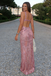 Sparkling Rose Gold Sequin Evening Gown Cutout Waist Sleeveless Party Dress,OLP2046