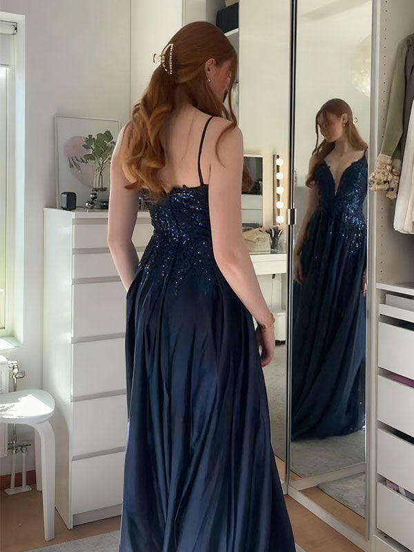 Sexy Navy Blue Spaghetti Strap A-Line Long Prom Dress Ideas, Evening Party Dresses, OLP1408