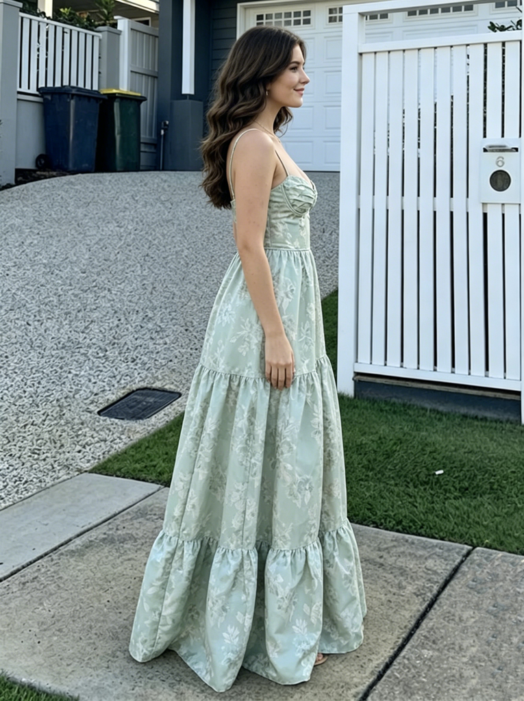 Unique Green Floral Print A-Line Prom Dress with Sexy Side Slit Classy Sweetheart Neck,OLP2314