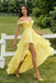 Sexy High-Low Chiffon Prom Gown Off-Shoulder Ruffled Layered Yellow Dress,OLP2124