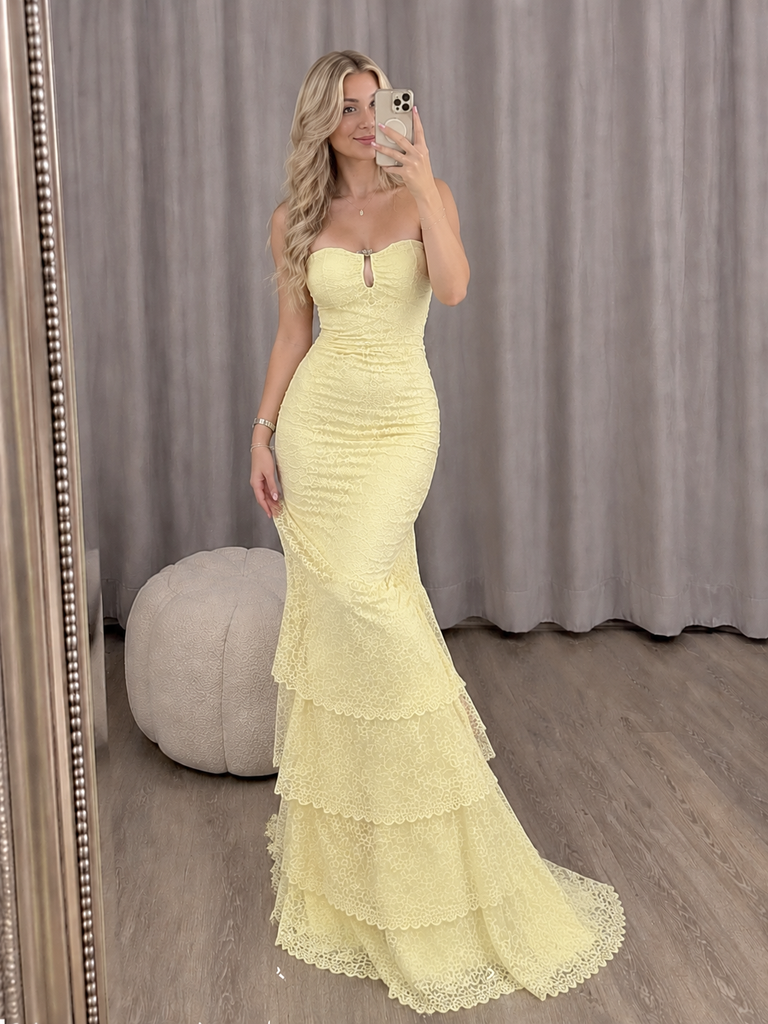 Stunning Yellow Strapless Tiered Trumpet Long Prom Dress Lace Ruffled Chic,OLP2431