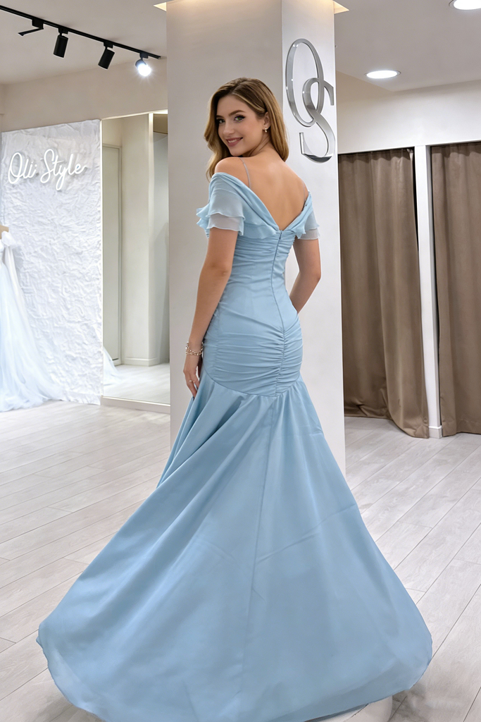 Elegant V Neck Off Shoulder Mermaid Prom Gown Dusty Blue Satin Chiffon,OLP1933