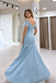 Elegant V Neck Off Shoulder Mermaid Prom Gown Dusty Blue Satin Chiffon,OLP1933