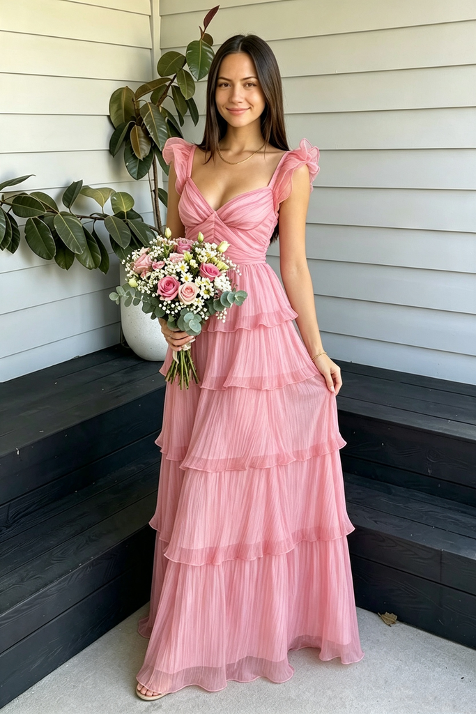 Pretty Pink Maxi Prom Dress Sweetheart Neck Ruffled Cap Sleeve Tiered Gown,OLP2353