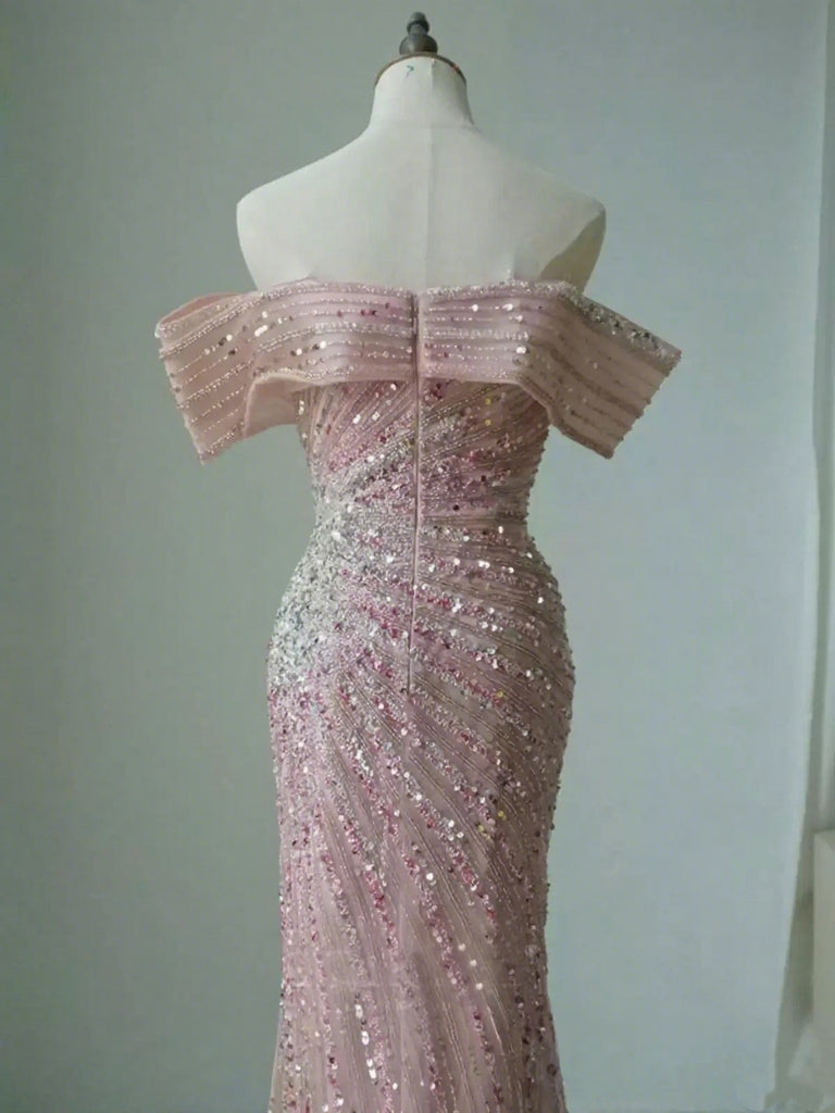 Sparkly Pink Off-Shoulder Mermaid Side Slit Long Prom Dress Ideas, Evening Party Dresses, OLP1397