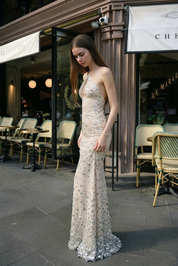 Sexy White Crystal Embellished Prom Dress Unique Sleeveless Floor Length Gown,OLP2335