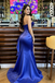 Classy Royal Blue Satin Prom Dress 3D Floral Bodice High Slit Formal Gown,OLP2236