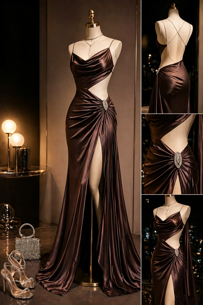 Classy Brown Satin Cowl Neck Prom Dress Sexy Side Slit Unique Backless Gown,OLP2276