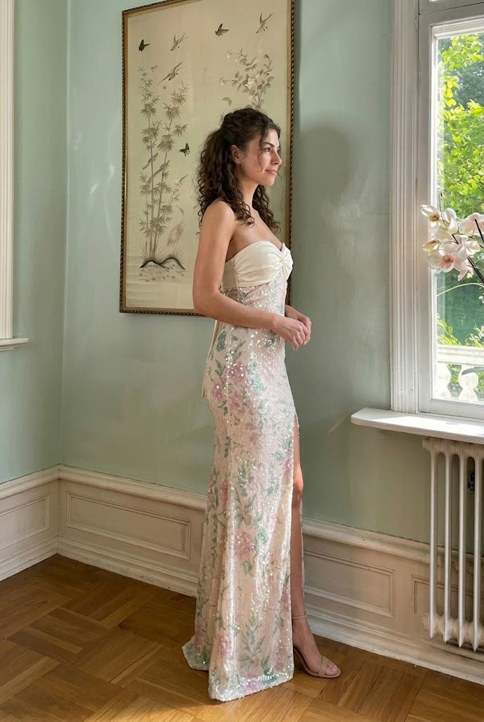 Beautiful Floral Sequin Mermaid Prom Dress High Slit Strapless Neckline Gala,OLP2301