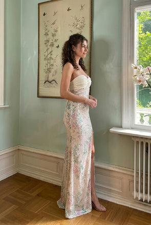 Beautiful Floral Sequin Mermaid Prom Dress High Slit Strapless Neckline Gala,OLP2301